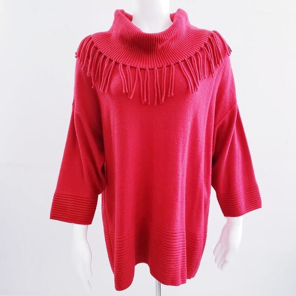 Chico's Women's Red Fringe Cowl Neck Sweater - Size Medium - Picture 1 of 10